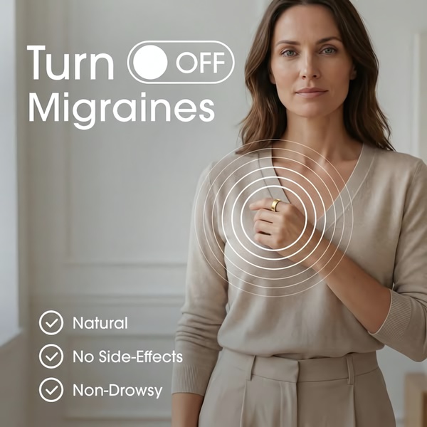 A clean, minimalist advertisement for a migraine relief ring that uses a visual toggle switch metaphor to communicate pain relief.